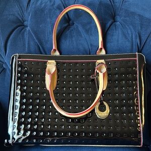 Arcadia Black and Tan Structured Tote with Glossy Finish